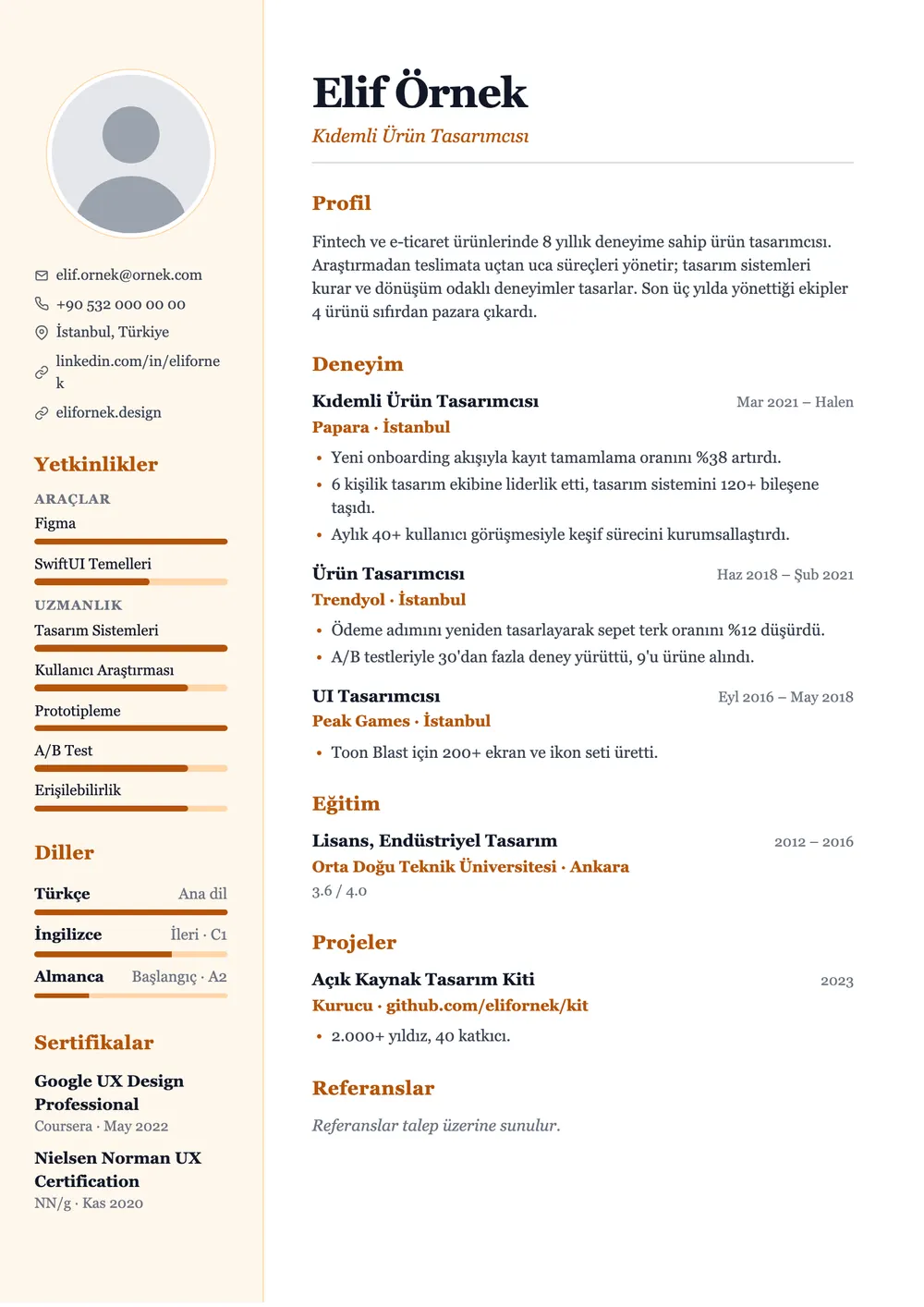 Ember CV şablonu önizlemesi