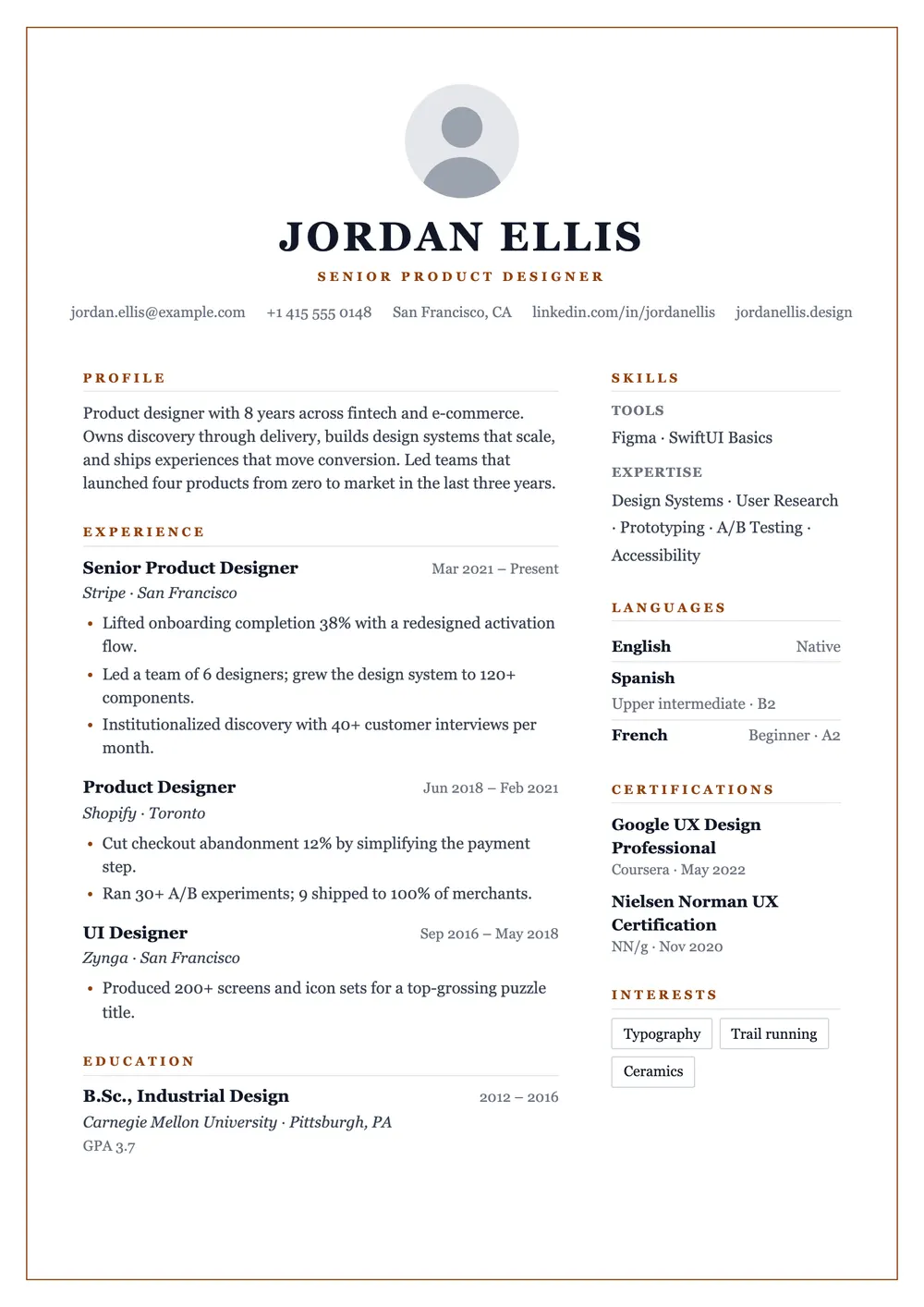 Frame resume template preview