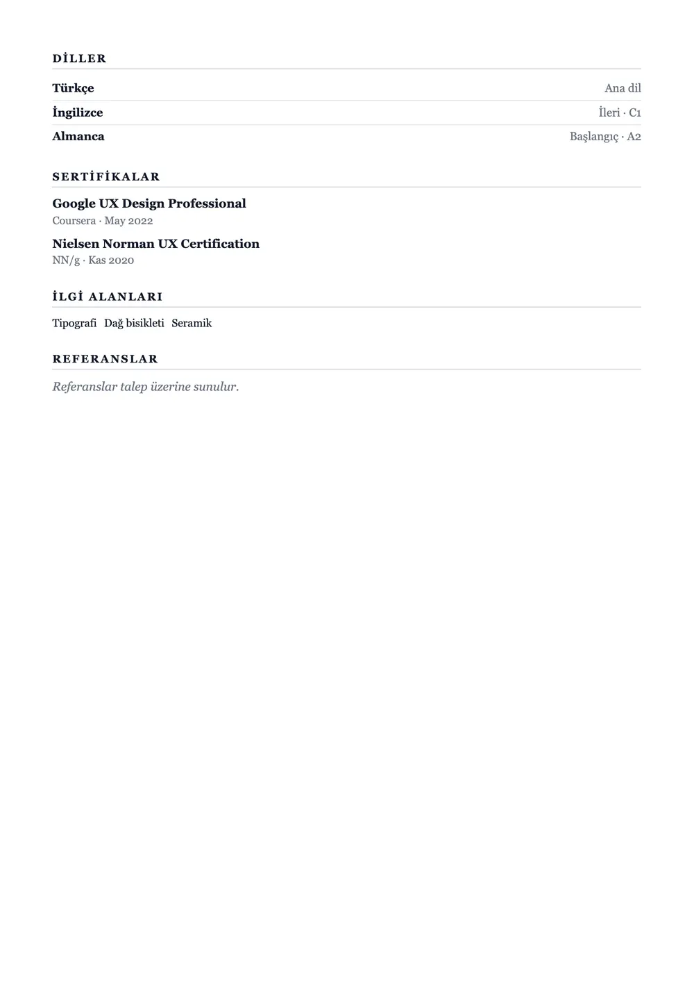 Journal CV şablonu önizlemesi – 2. sayfa