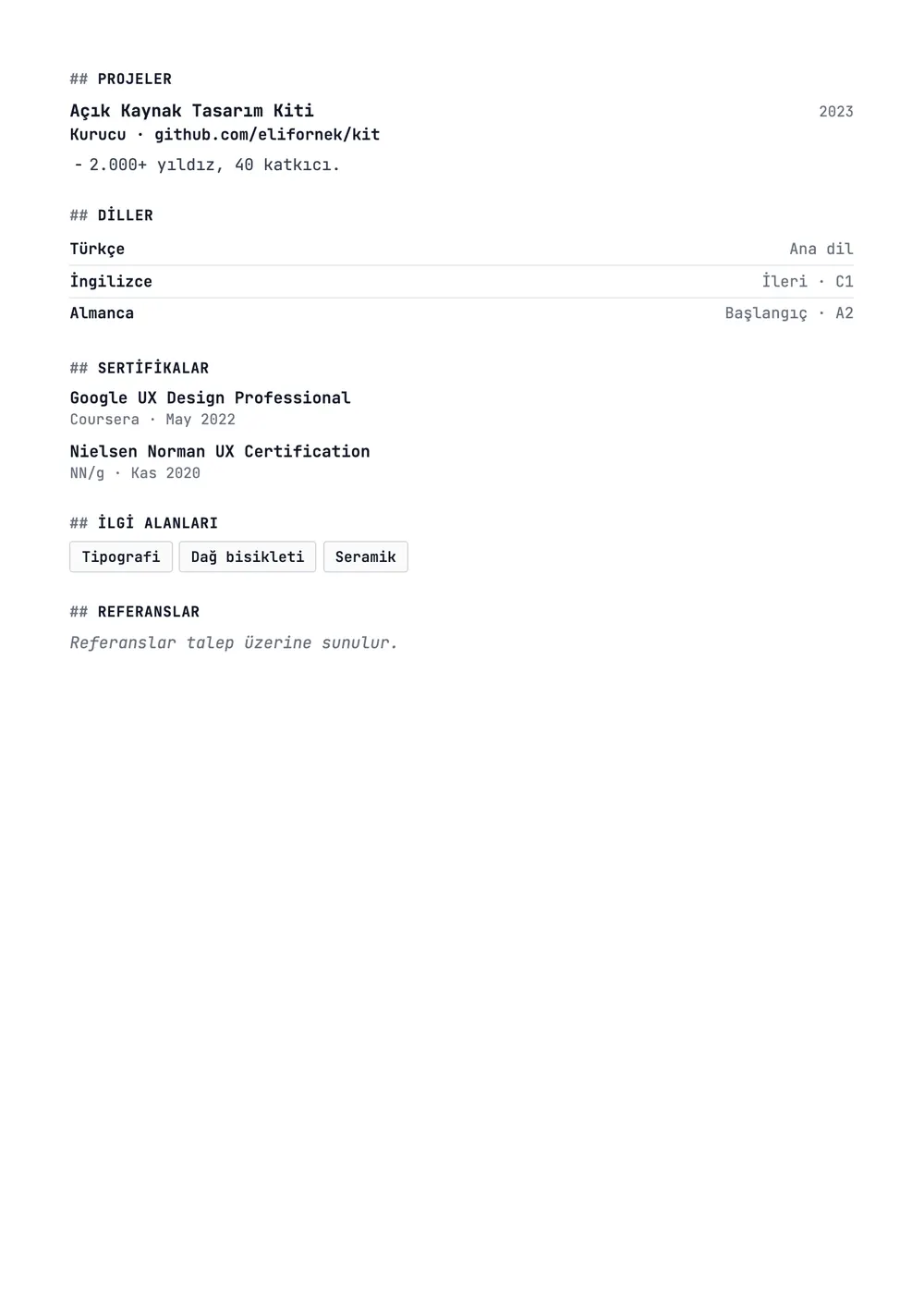 Mono CV şablonu önizlemesi – 2. sayfa