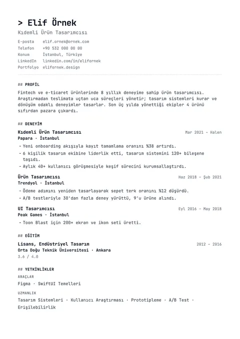 Mono CV şablonu önizlemesi
