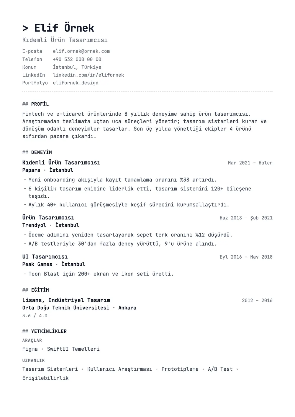 Mono CV şablonu önizlemesi