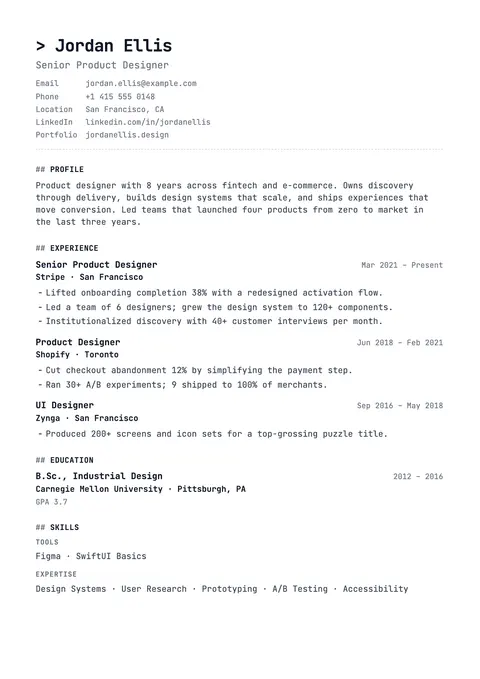 Mono resume template preview