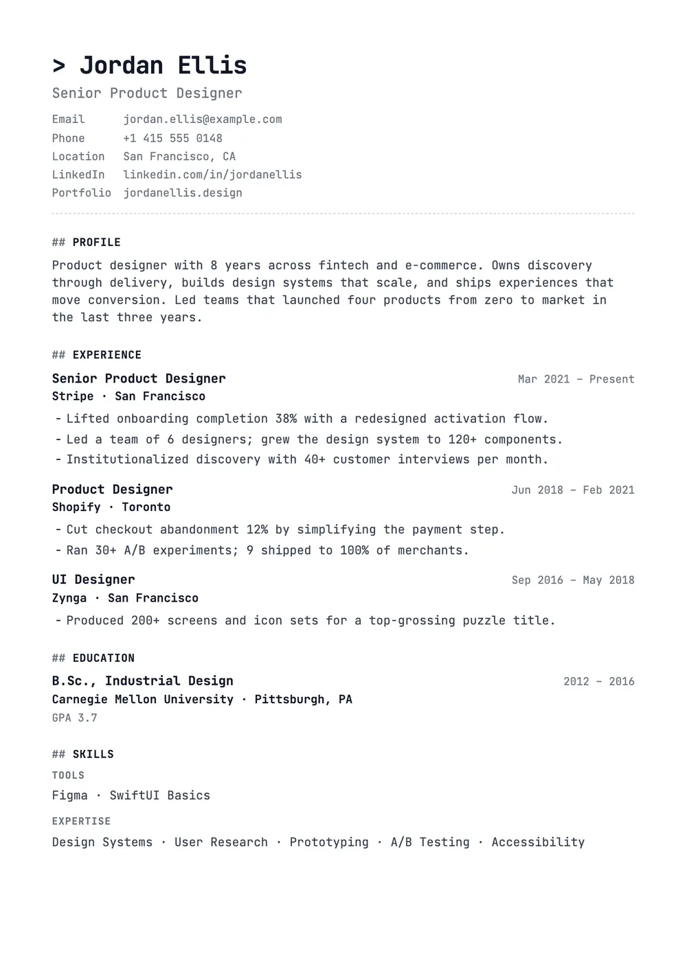 Mono resume template preview
