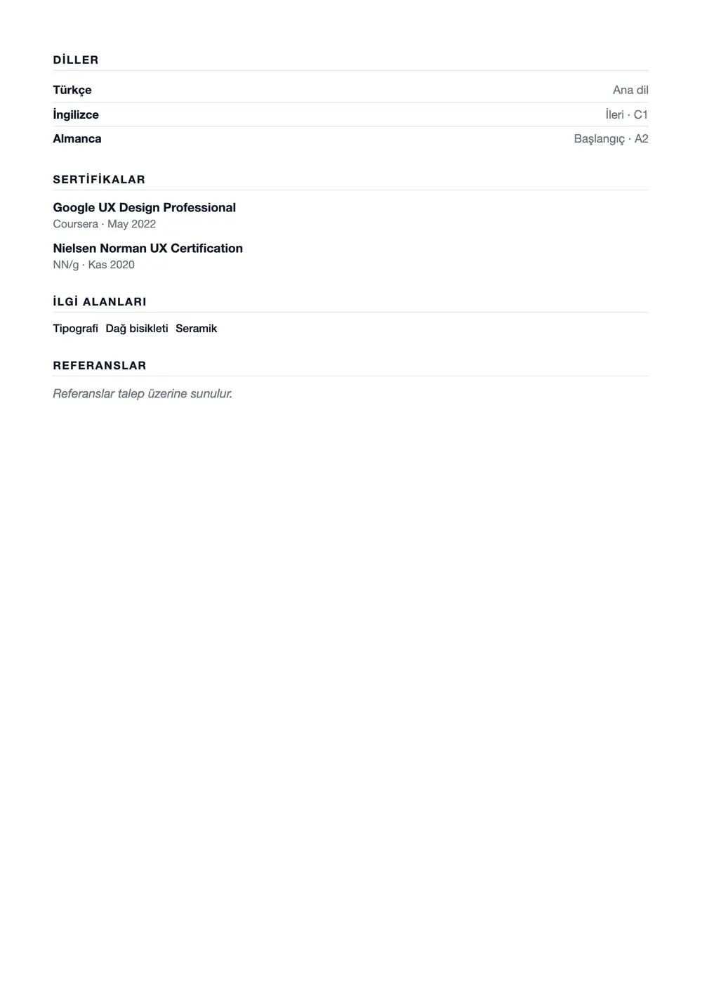 Paper CV şablonu önizlemesi – 2. sayfa