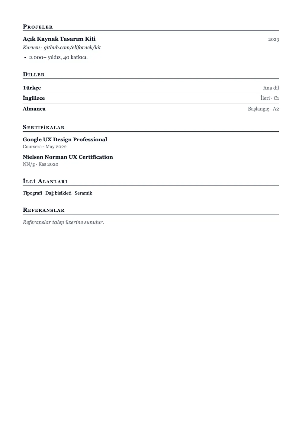 Scholar CV şablonu önizlemesi – 2. sayfa